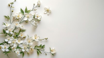 Elegant white flowers and green leaves arranged in the corner on a clean, white background for a fresh spring concept 