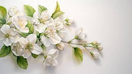 Elegant white flowers and buds with lush green leaves on a soft white background, perfect for a serene design theme. 