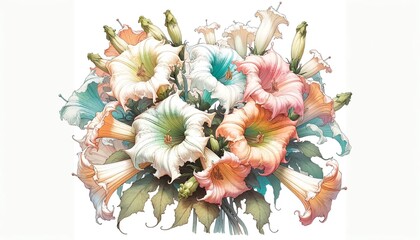  Watercolor illustration of Angel’s Trumpet flowers