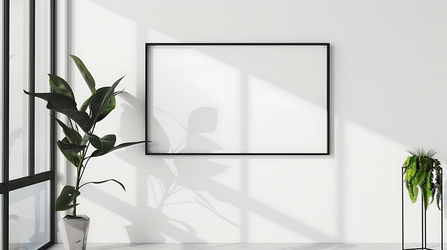 Minimalistic interior with blank picture frame and indoor plants casting shadows on a white wall 