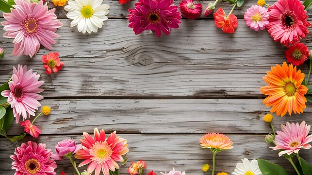 Assorted colorful flowers bordering a rustic wooden background, ideal for spring-themed designs and invitations 