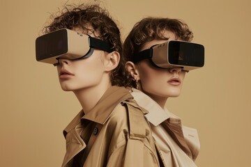 Two models in trench coats pose back to back donning VR headsets on beige backdrop - 755428609