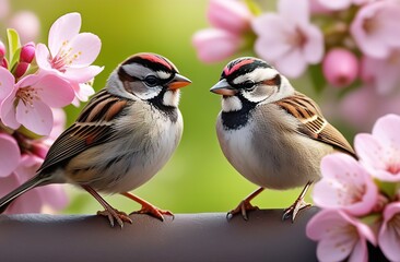 Fototapeta premium Spring, bird on a branch with flowers
