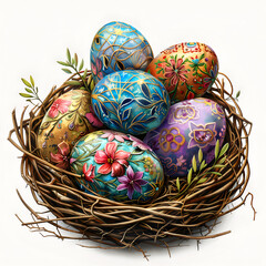 easter eggs with flowers  in a nest on white background