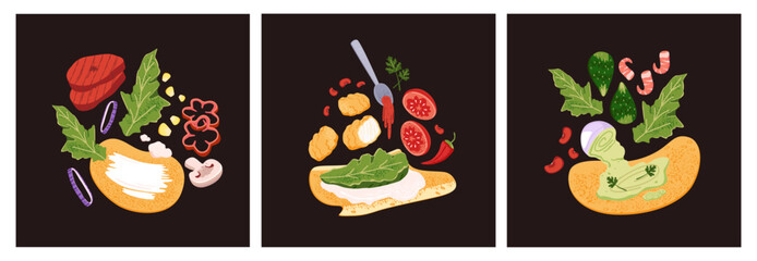 Shawarma recipe cards set. Cooking of shawerma with vegetables, meat, sauce. Preparing of doner kebab. Tortilla rolls with different ingredients. Street food restaurant. Flat vector illustrations
