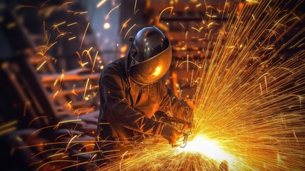 Industrial worker with protective mask welding metal on construction site.
