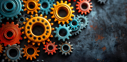 A row of colorful gears are reflected in a dark background. The gears are arranged in a row, with the blue one on the left and the red one on the right