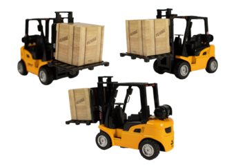 A forklift is lifting a box that says fragile