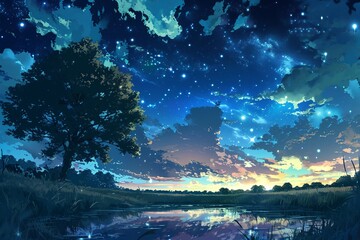Anime style Night Sky Over Calm Lake