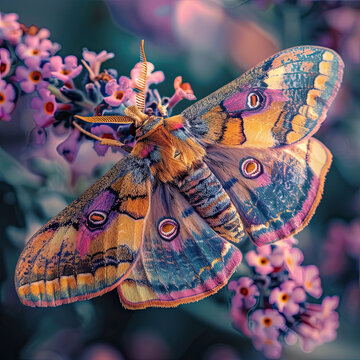 close-up photo of a beautiful moth on a tree branch with cherry blossoms
