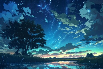 Fototapeta na wymiar Anime style Night Sky Over Calm Lake
