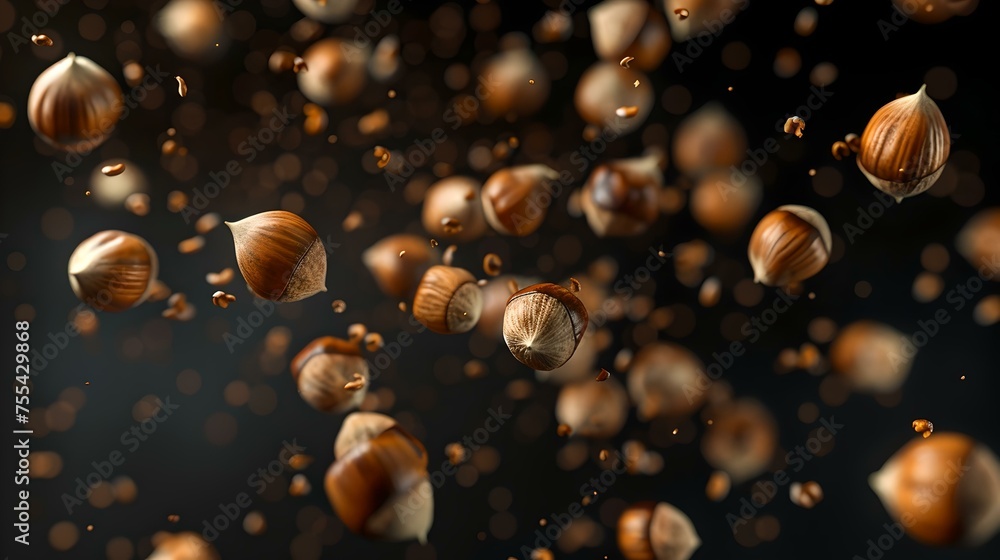 Poster close-up of hazelnuts floating in dark space. dynamic and elegant food photography suitable for adve