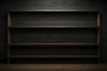 Empty black wooden shelf on a dark background. empty shelf on a dark background design.