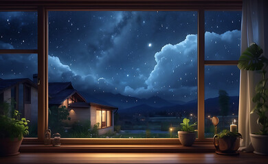 cloudy night in the window, beautiful cloudy sky scenery, AI Generative