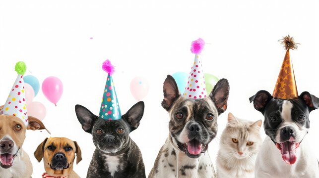 cute team of cats and dogs with colorful hats ready for birthday party while standing, sitting and lying on white background
