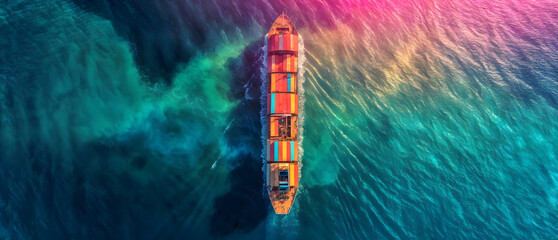 
A large cargo ship is sailing through the ocean with a colorful splash of paint on its side. The ship is carrying a variety of containers, including a large number of orange and red ones - obrazy, fototapety, plakaty