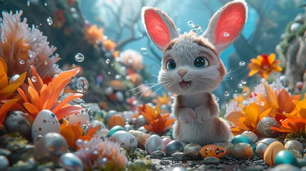 Tuinposter Cartoon 3D cute bunny with Easter eggs © Khidau