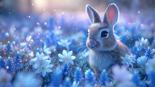 Cartoon 3D cute bunny with Easter eggs
