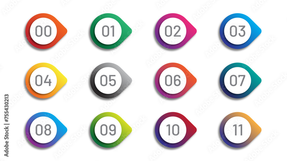 Aufkleber number bullet point colorful markers 0 to 11 vector. circular number bullet point from zero to eleve
