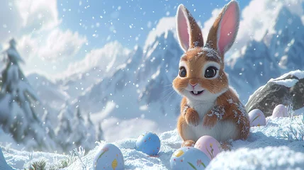 Tuinposter Cartoon 3D cute bunny with easter eggs © Khidau