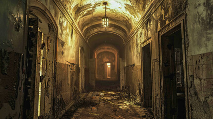 A decrepit asylum hallway doors ajar