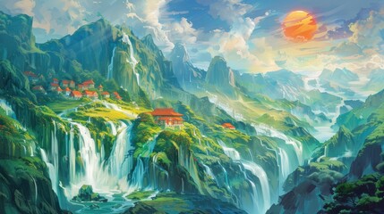 Fototapeta na wymiar Tranquil Serenity. Chinese Oil Painting Depicting a Verdant Grassland with Small Houses Nestled on Mountainsides, Waterfalls Cascading Down, and Streams Flowing Through the Landscape.