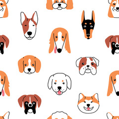 Repeatable print of puppy muzzles, happy pet portraits. Endless pattern of pup snouts. Different dog breeds: corgi, akita inu, bulldog. Cute animals avatars lineart. Flat seamless vector illustration