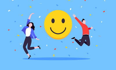 Naklejka premium Employee wellbeing and positive emotions attitude business concept flat style vector illustration. Business people jump in with positive emoticons. Happy mood, workplace customer satisfaction feedback