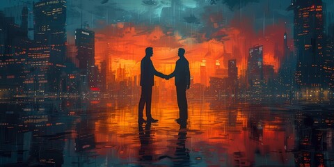 Two businessmen shaking hands in futuristic cityscape, concept of partnership, cyberpunk aesthetic