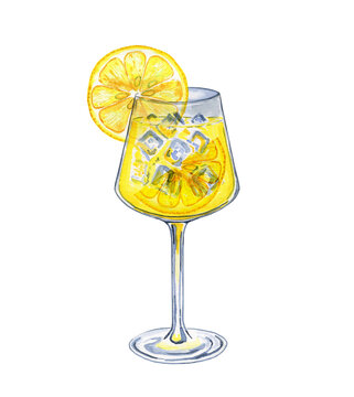 Limoncello cocktail spritz in glass goblet watercolor illustration. Hand drawn image of a lemon drink with ice cubes and lemon slices. For the menu and bar.
