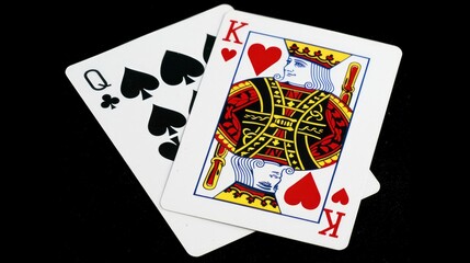Hearts Royalty. Two Playing Cards Featuring the Queen and King of Hearts, Symbolizing Romance and Royalty in the Deck.