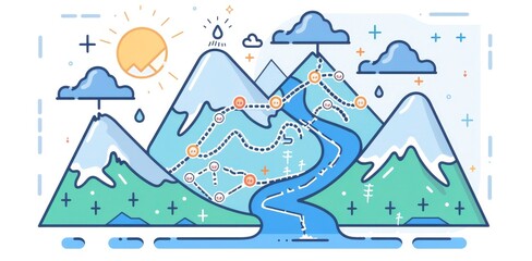 A Modern Explorer Journey Map Featuring a Wavy Central Line Representing the Path, Flanked by Mountains on Either Side and Waves at the Finishing Line, Symbolizing Adventure and Discovery.