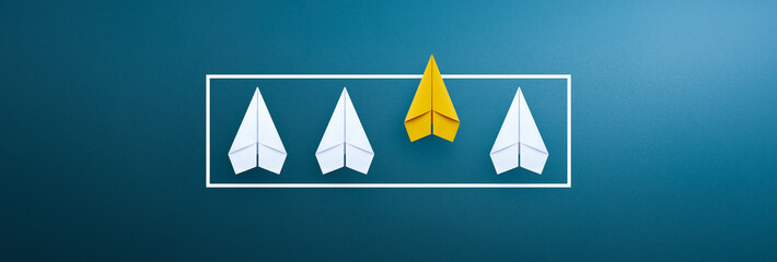 Business for solution or Think outside the box concept with yellow paper plane