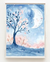 Whimsical Nursery Delight. Pastel Baby Blue and Baby Pink Watercolor Painting, Creating a Cute and Serene Moonglade Atmosphere Perfect for a Nursery.