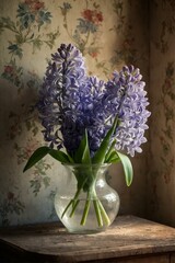 Captivating purple hyacinths placed in a transparent glass vase, with vintage wallpaper in the background