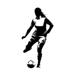 Football, woman playing soccer, female football player kicking ball, isolated vector silhouette, front view view