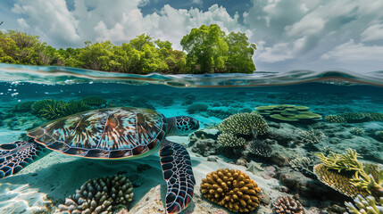 A turtle is swimming in the ocean next to a coral reef