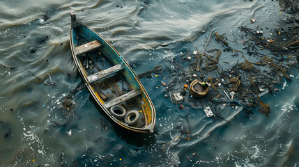 A solitary wooden boat floats in polluted waters, surrounded by debris and waste, highlighting...