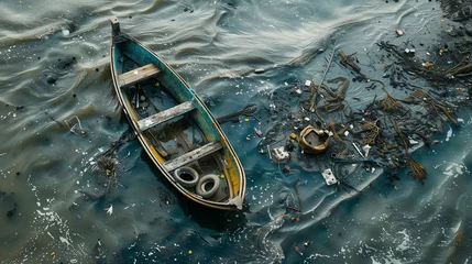 Foto op Canvas A solitary wooden boat floats in polluted waters, surrounded by debris and waste, highlighting environmental concerns. © Sunshine