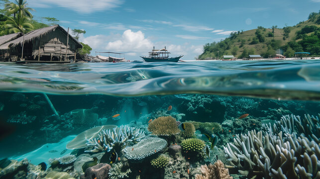 A beautiful underwater scene with a boat in the middle