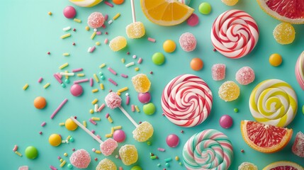 Colorful candies pastel green background