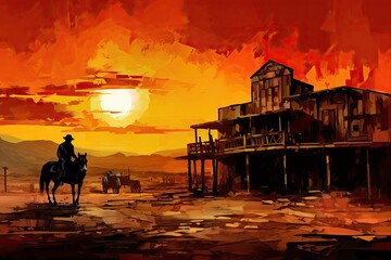 Sunset Confrontation: Wild West Saloon Adventure - obrazy, fototapety, plakaty