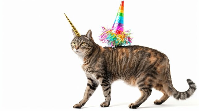 Cat wearing a party hat on  white background with the balloons and copy space,Cute cat with rainbow unicorn horn on blurred sparkling background,Cute pet tabby cat with birthday party hat 
