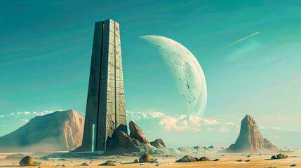An ancient alien monolith on a desolate moon