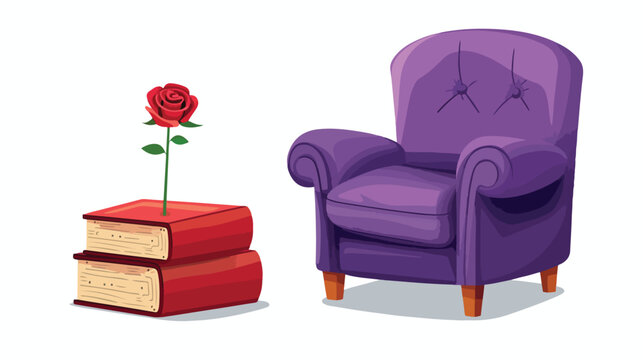 purple armchair and red book with rose 