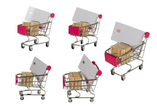 A shopping cart with a white card and a brown box on it