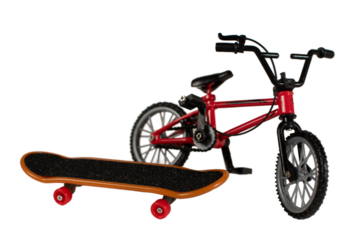 Red bicycle and skate, isolated on white background.