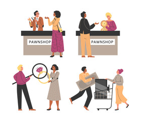 Pawnshop characters set of buyers and pawnbrokers vector illustration isolated.