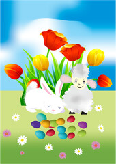 Easter composition with Easter eggs, a hare, a ram and spring flowers - 755432694