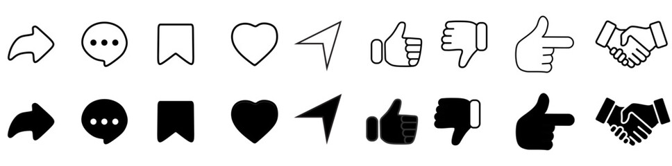  media interface icon set in line style. like, unlike, comment, share, message, thumb and save simple black style symbol sign for apps and website, vector illustration.